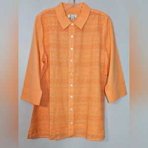 Denim & Co. Spring Melon, 2pc Eyelet Top 3/4 Sleeve w/ Tank Tee, Sz M